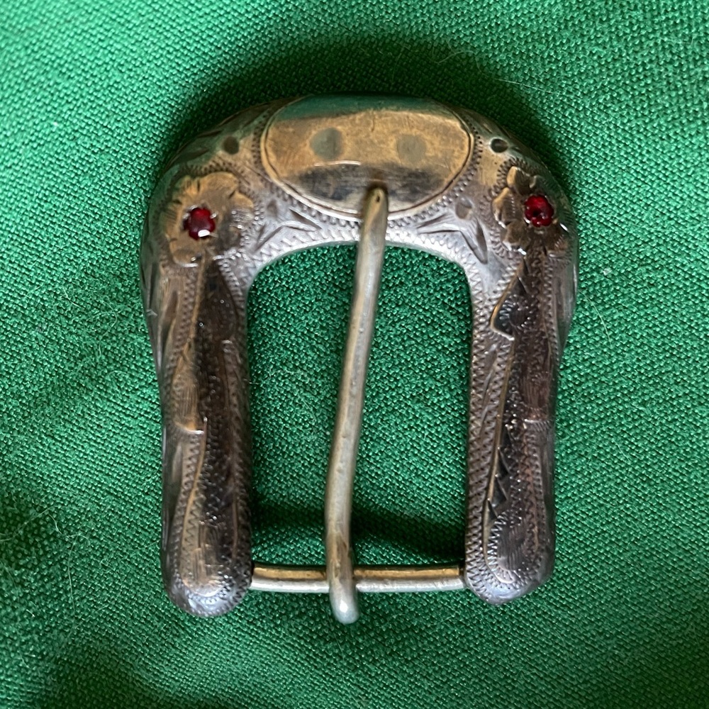 1940s Mexican sterling silver belt buckle , rubies and floral motif
